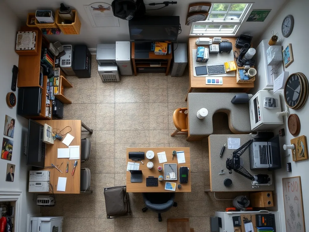 Creative workspace with organised shelving