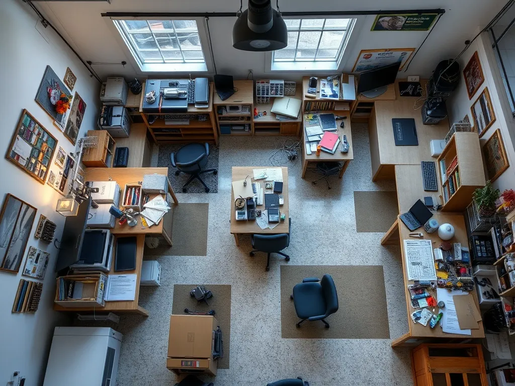 Example hobby room layout with zones and furniture